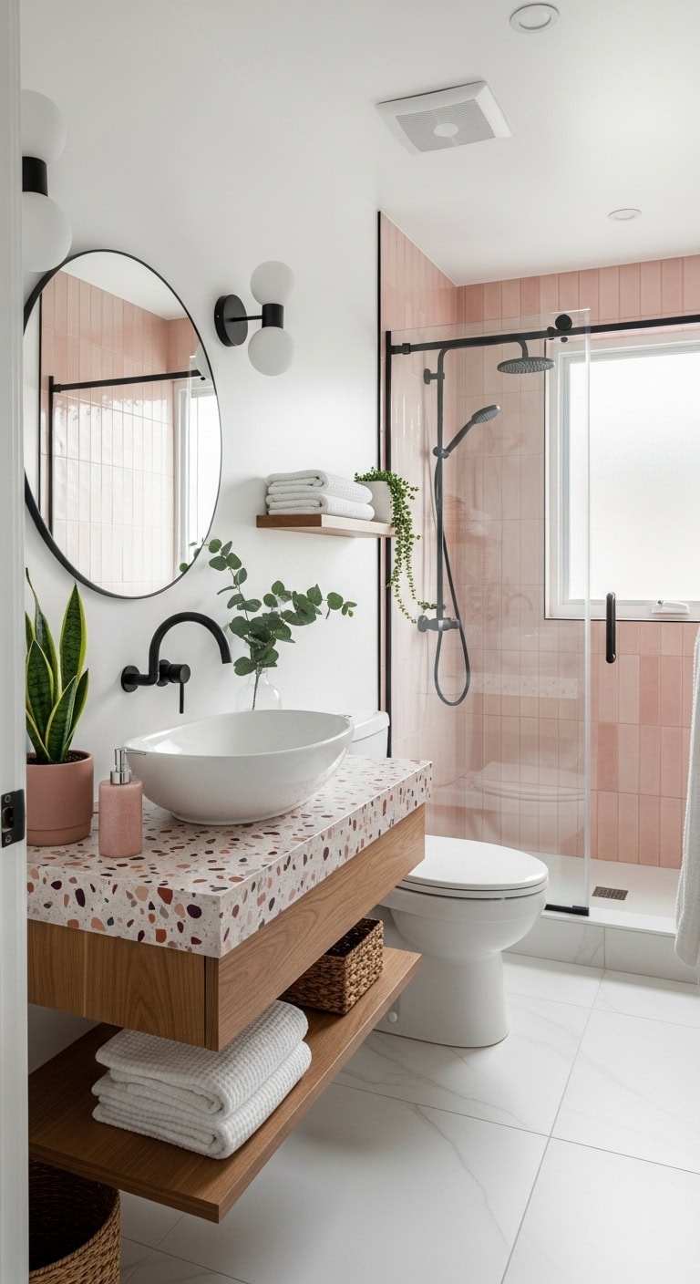chic terrazzo inspired bathroom transformation