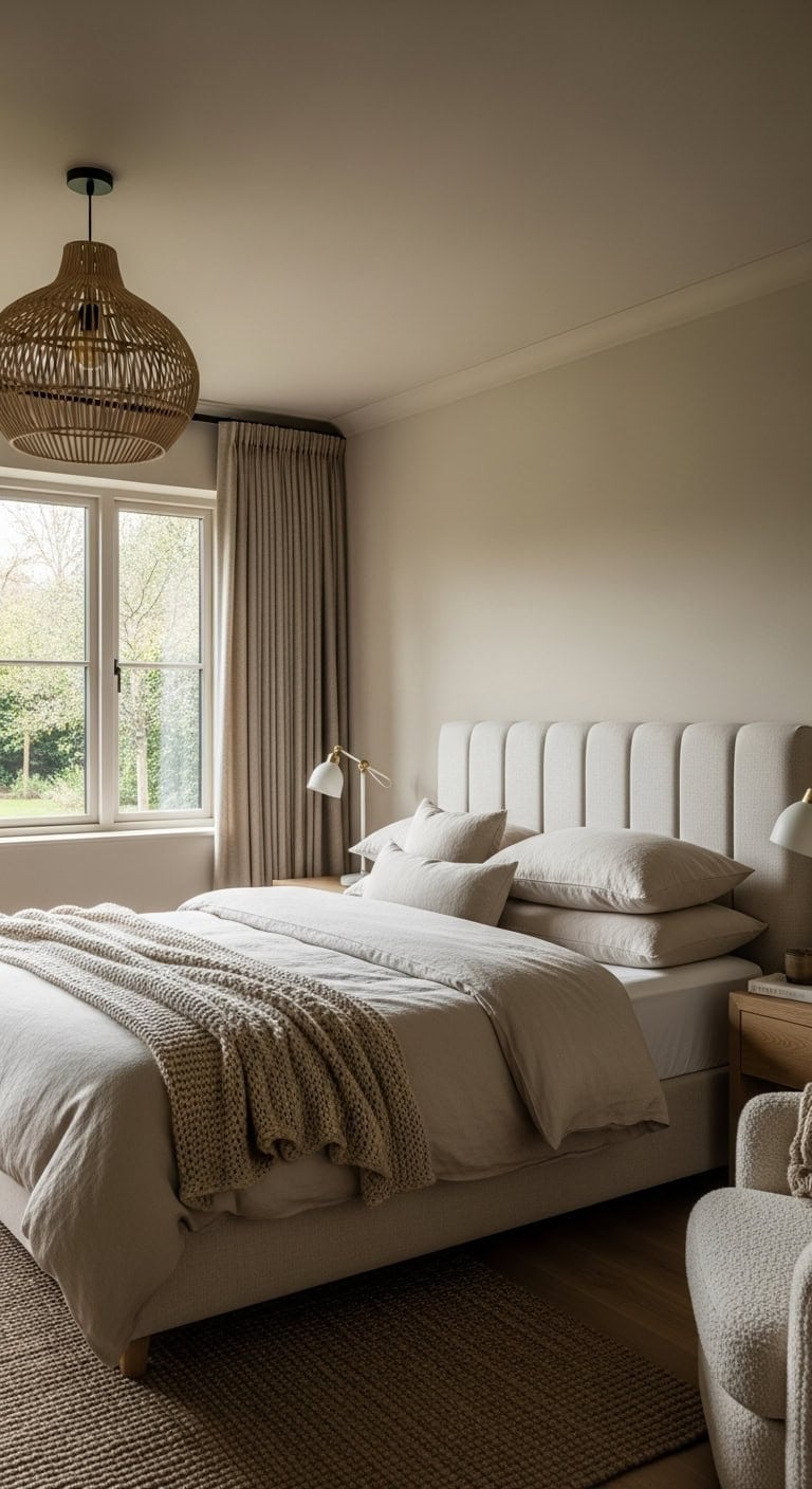 cocooning monochromatic beige bedroom retreat