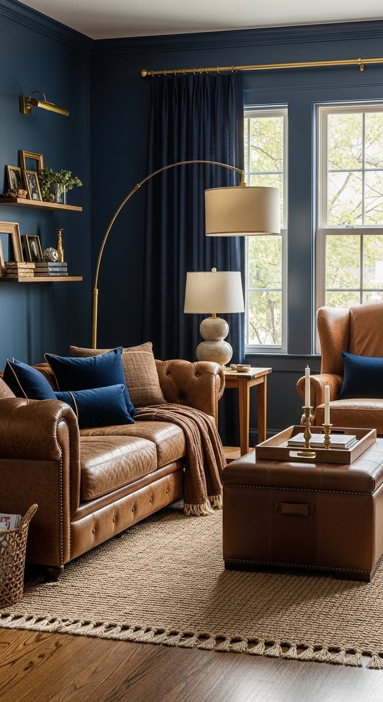 collected sophisticated brass infused navy brown