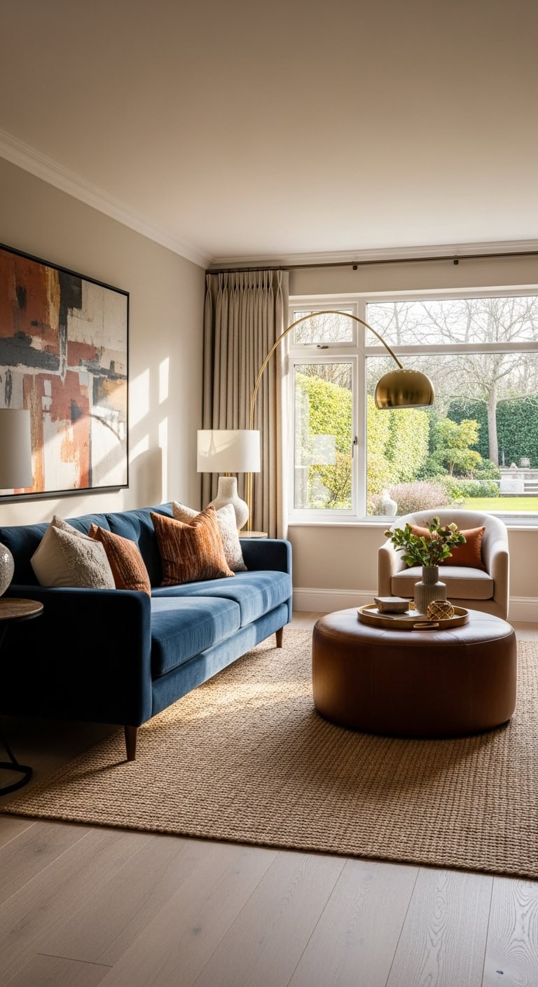 comfortable navy blue brown living room