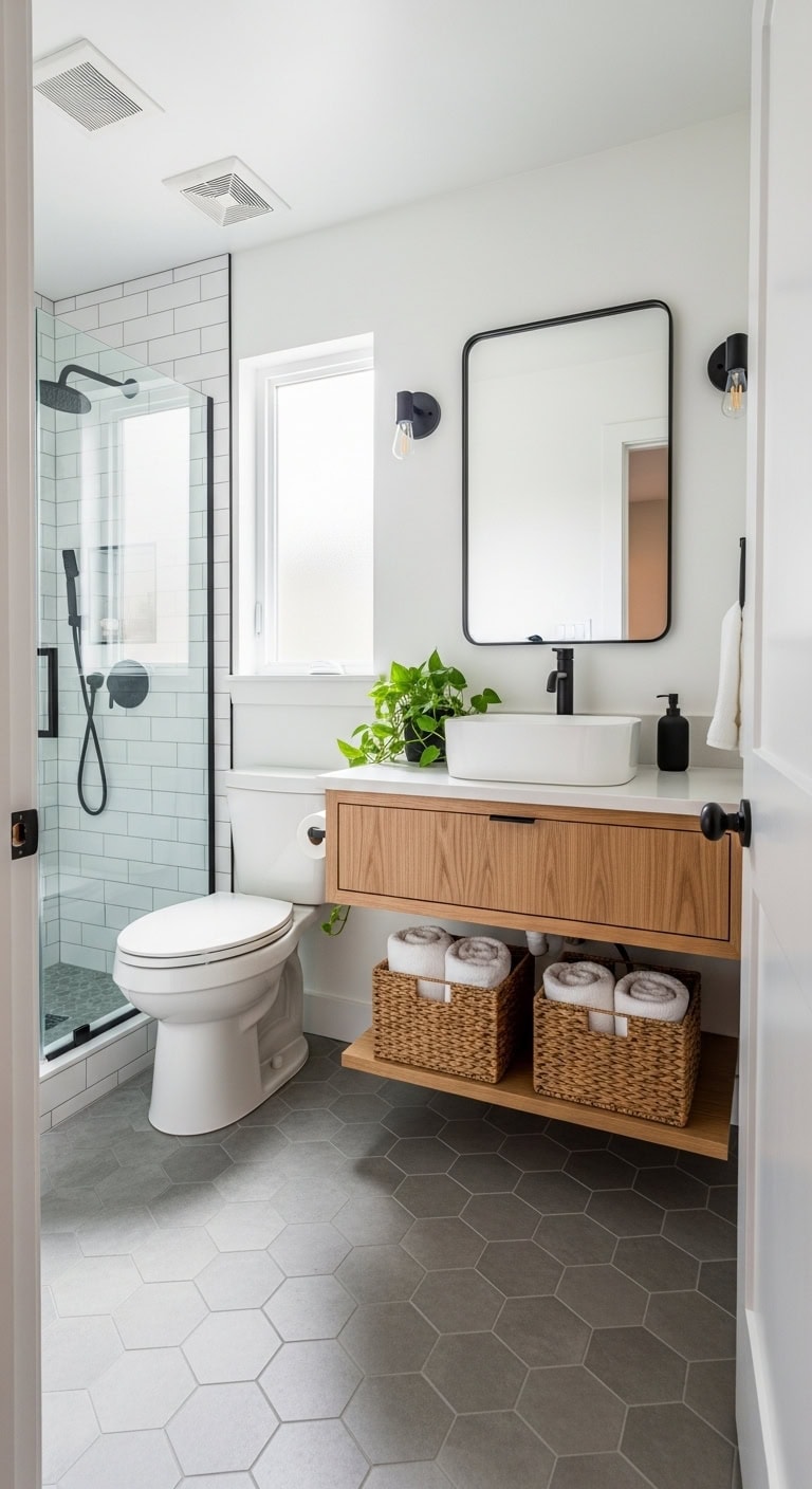 compact yet cozy farmhouse bathroom transformation