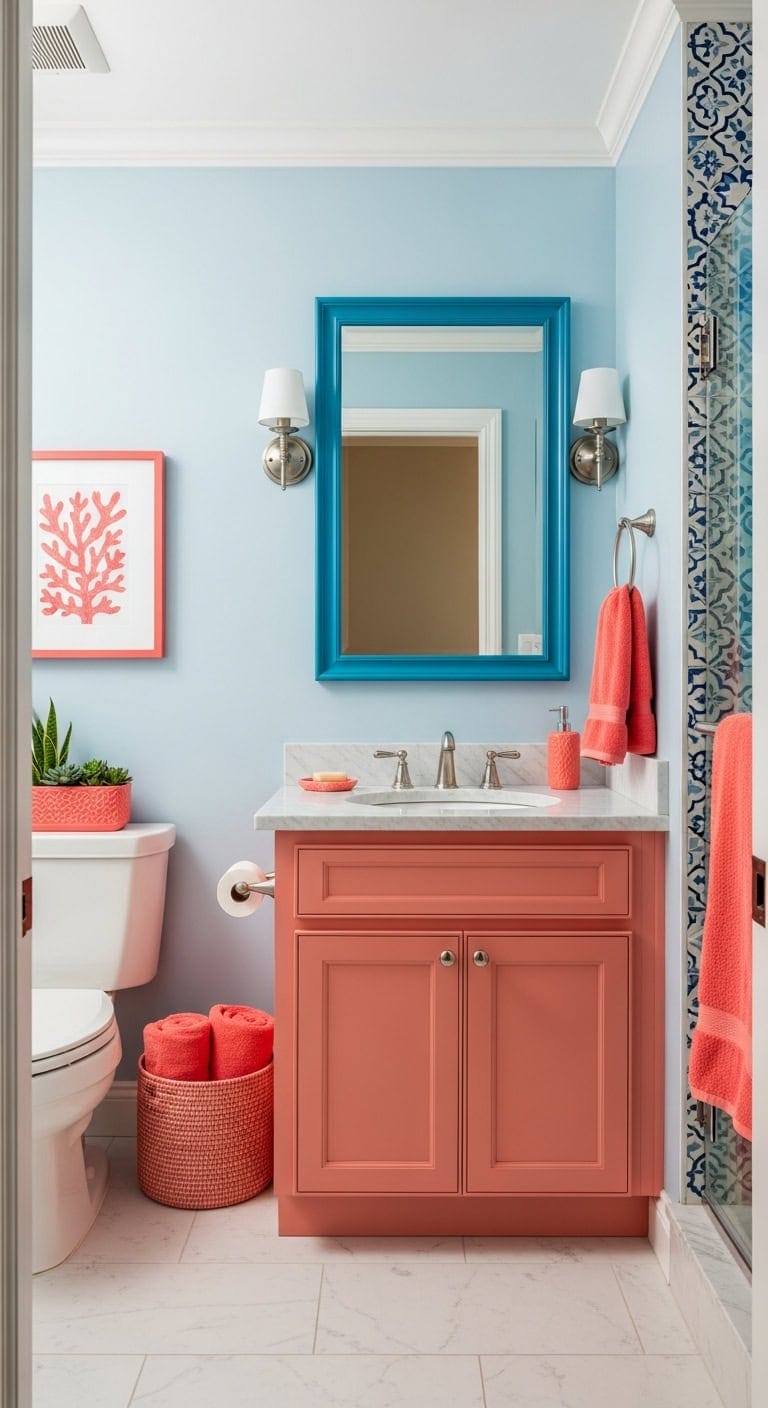 coral pink inviting blue bathroom