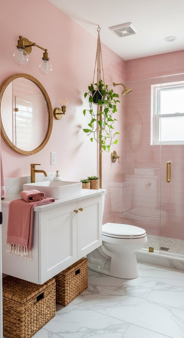 cozy bohemian blush bathroom oasis