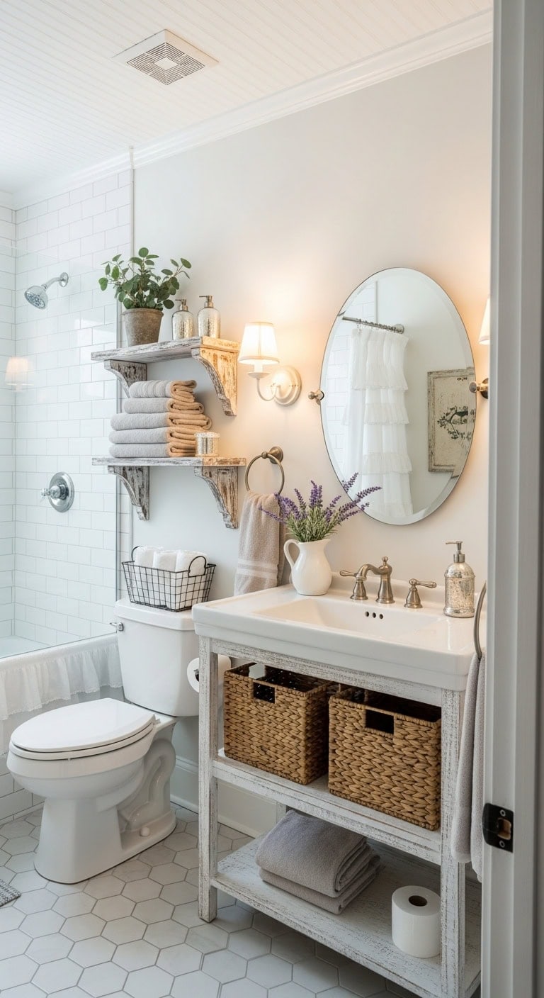 cozy compact cottage inspired bathroom storage