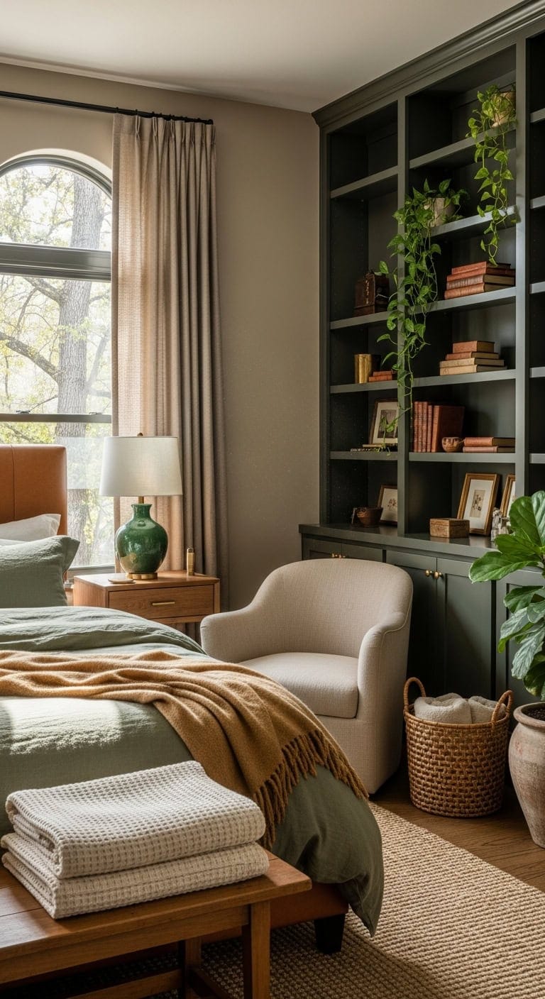cozy contrast dark green shelving