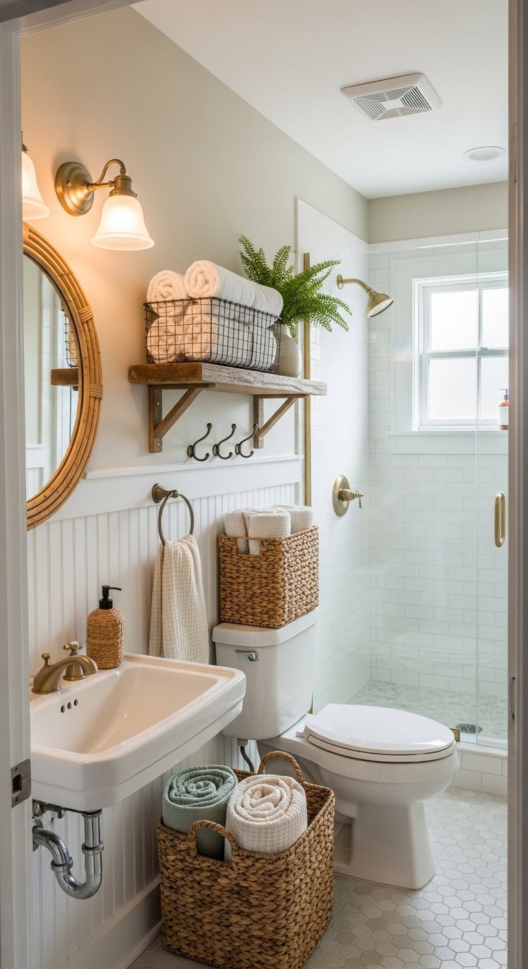 cozy cottage core bathroom storage