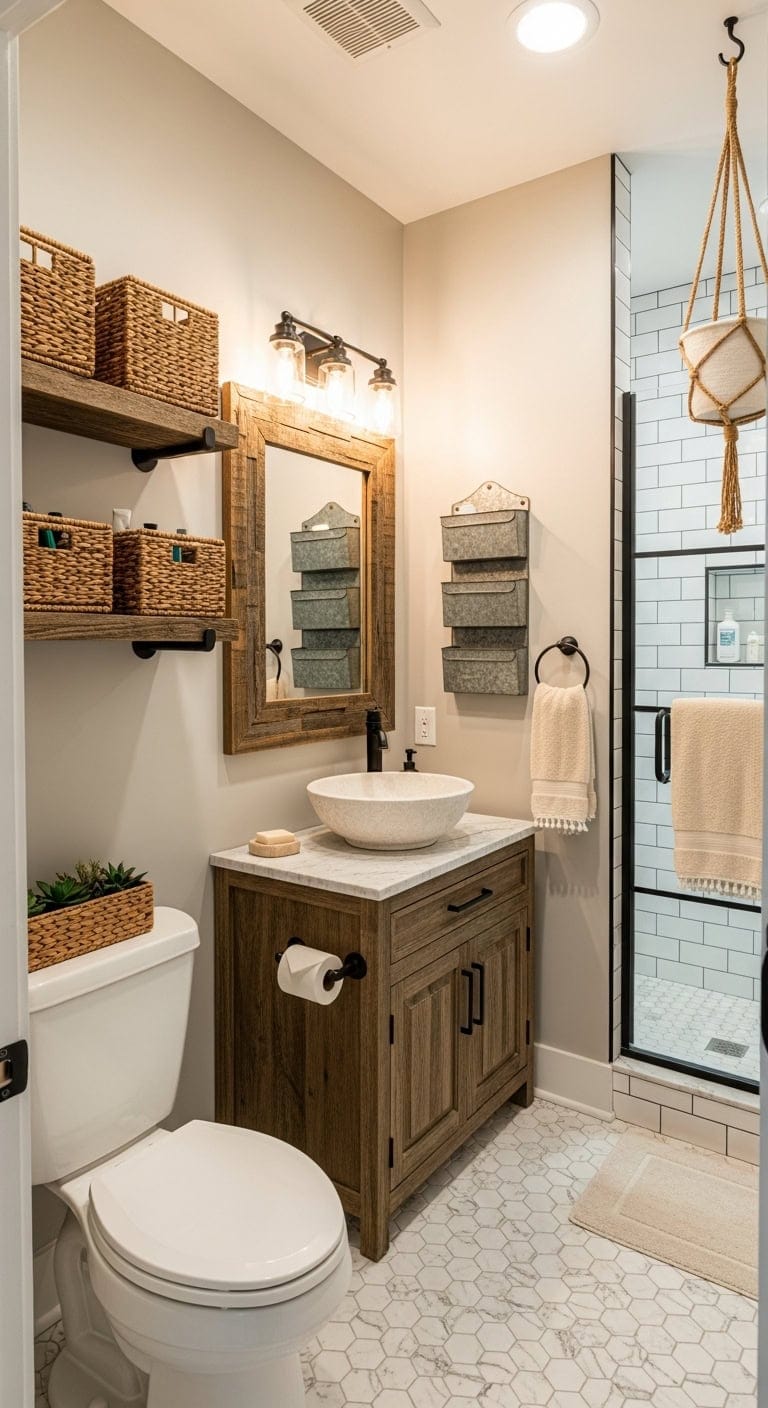 cozy functional farmhouse inspired bathroom organizers