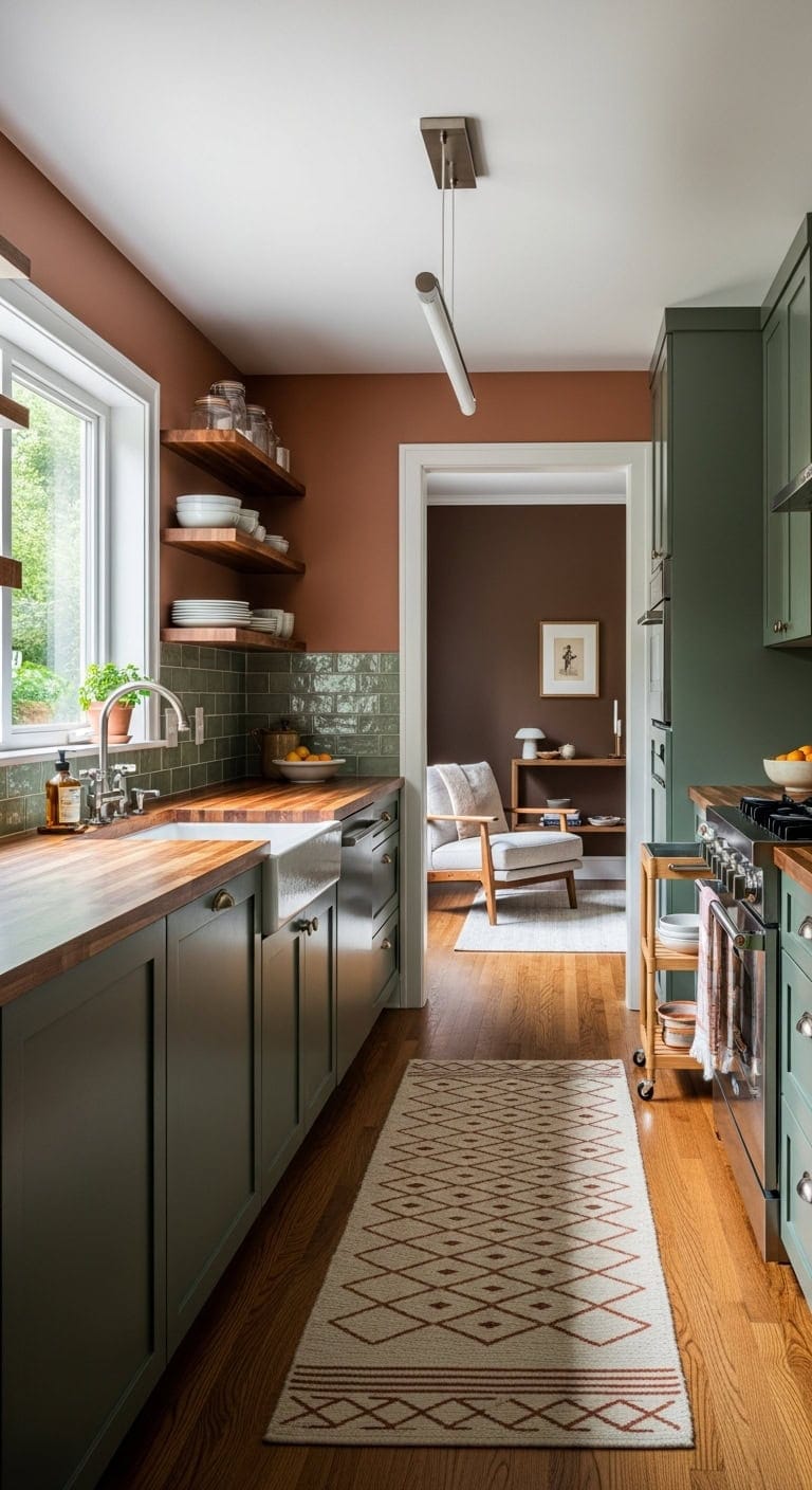 cozy galley kitchen with living nook