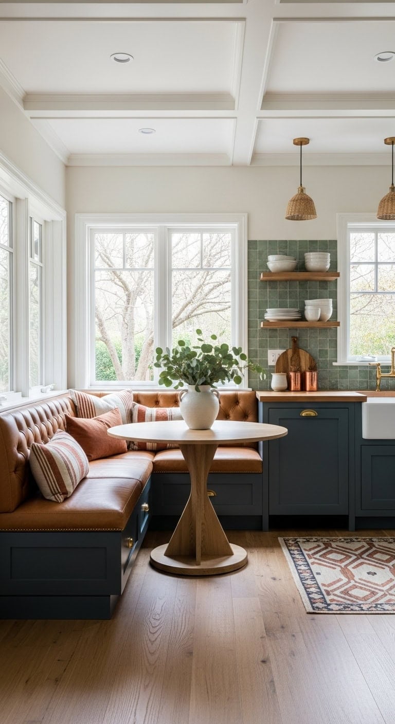 cozy inviting textural restaurant inspired kitchen banquette