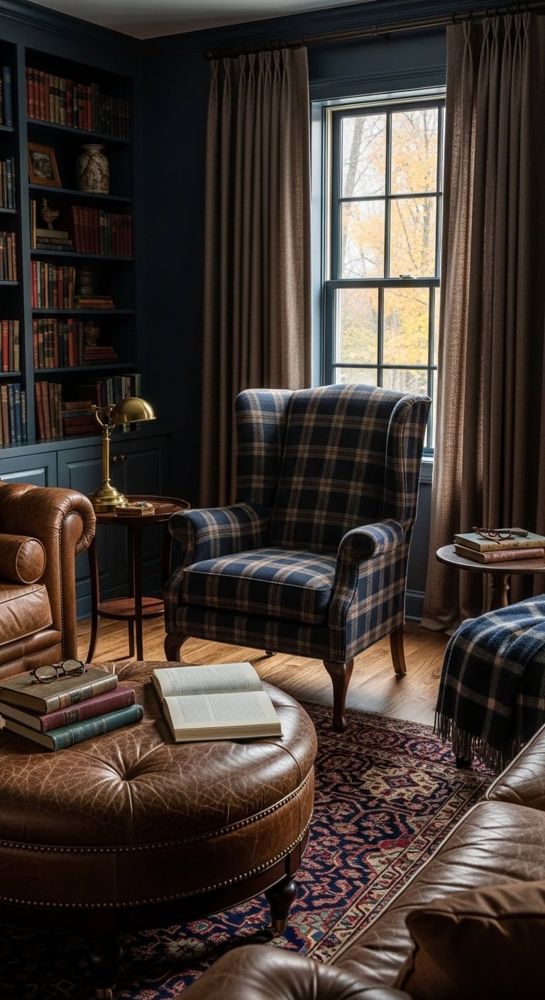cozy library vibe plaid sophistication