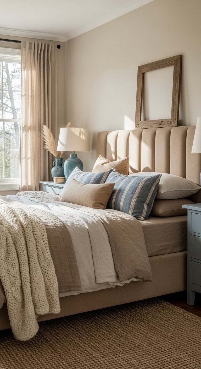 cozy neutral retreat with blue accents