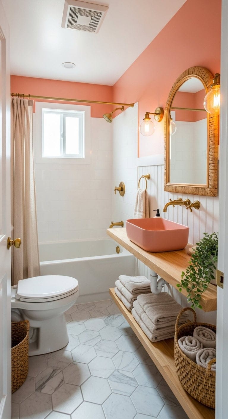 cozy salmon pink bohemian bathroom