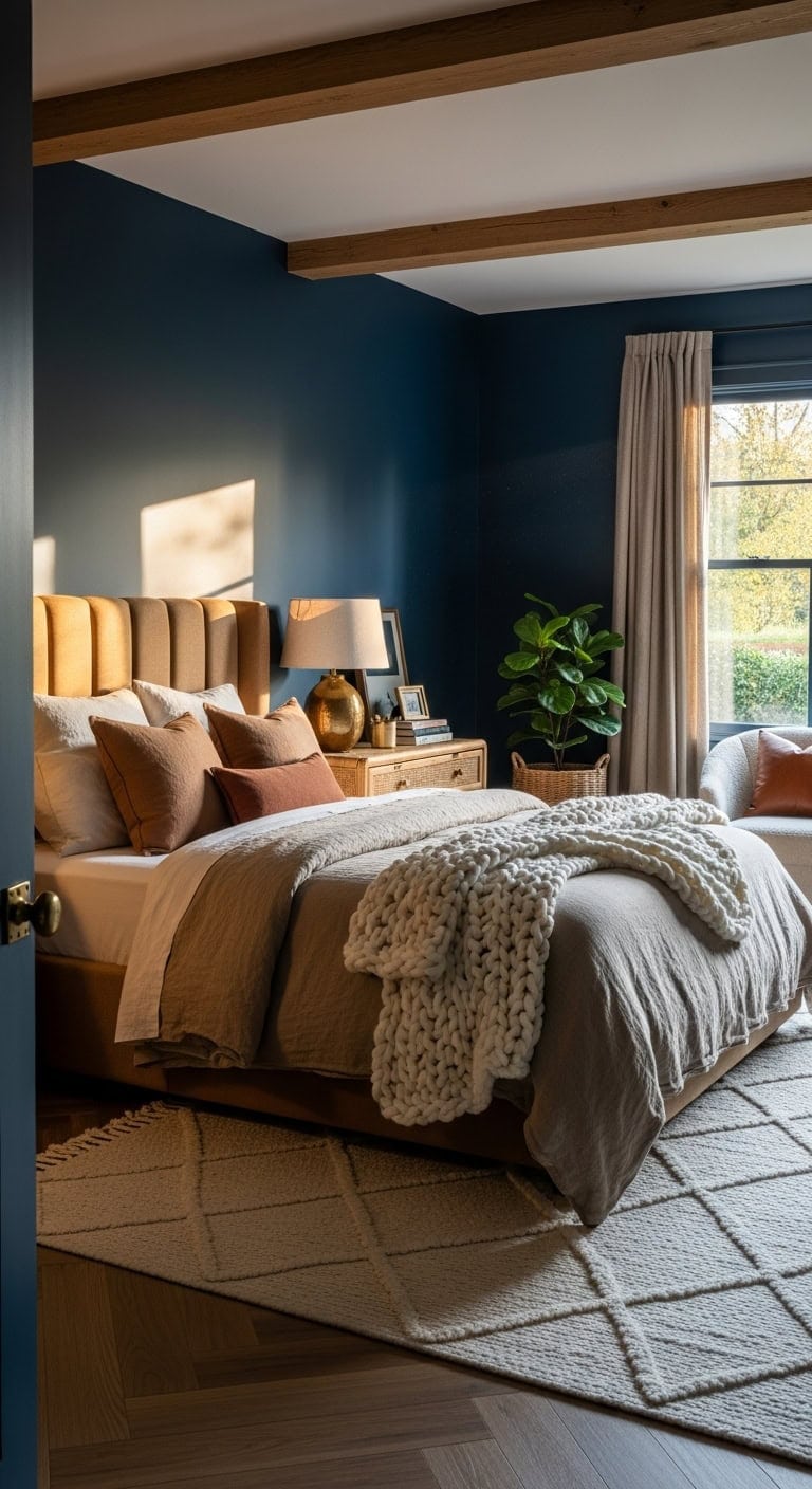 cozy sophisticated navy blue bedroom retreat