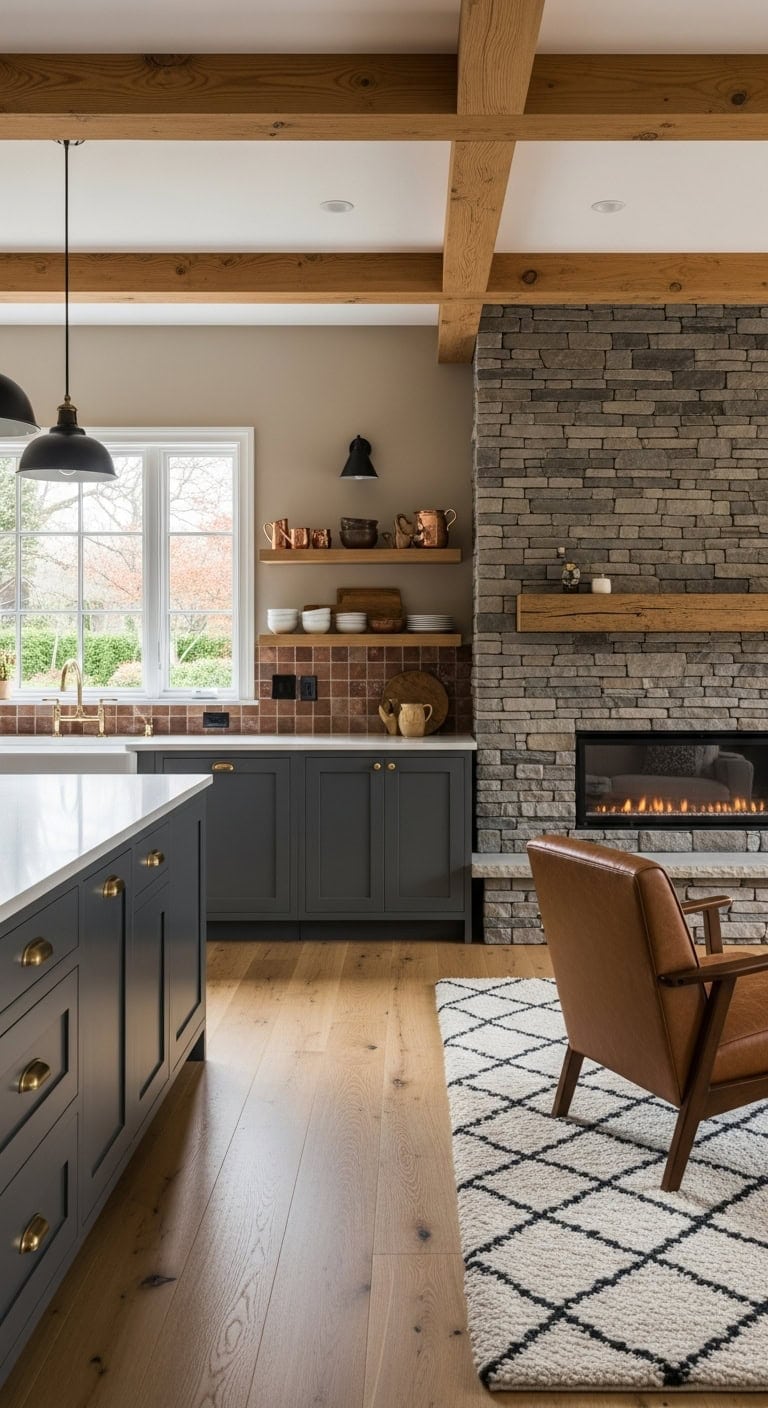 cozy sophisticated open concept fireplace focal point