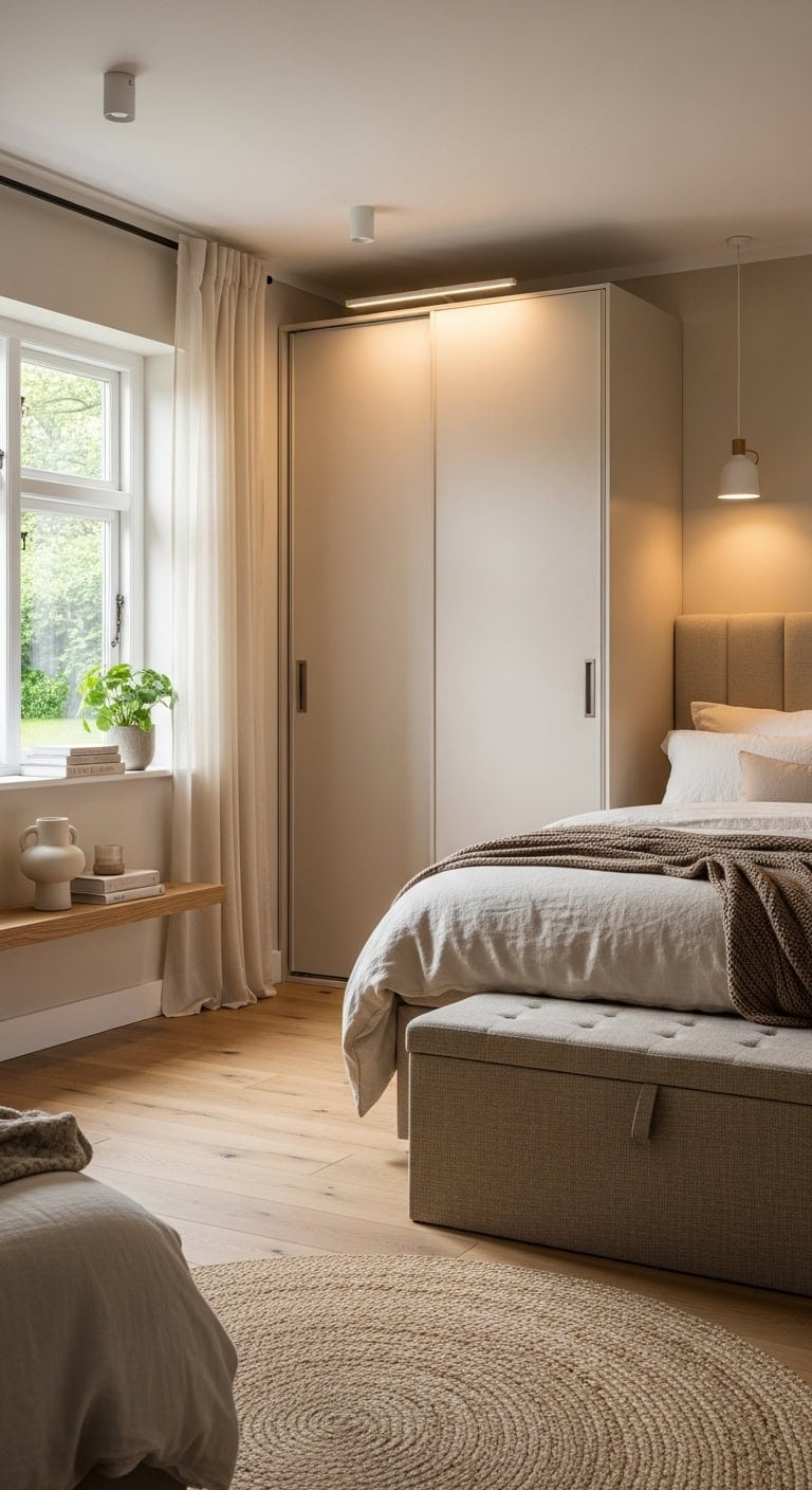 cozy streamlined neutral toned wardrobe solution