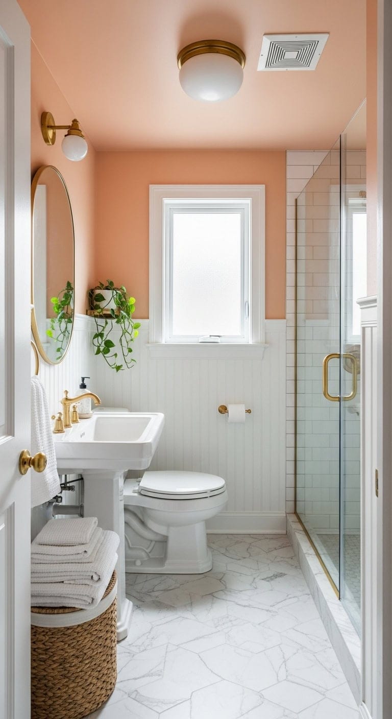 cozy warm peach bathroom ceiling transformation