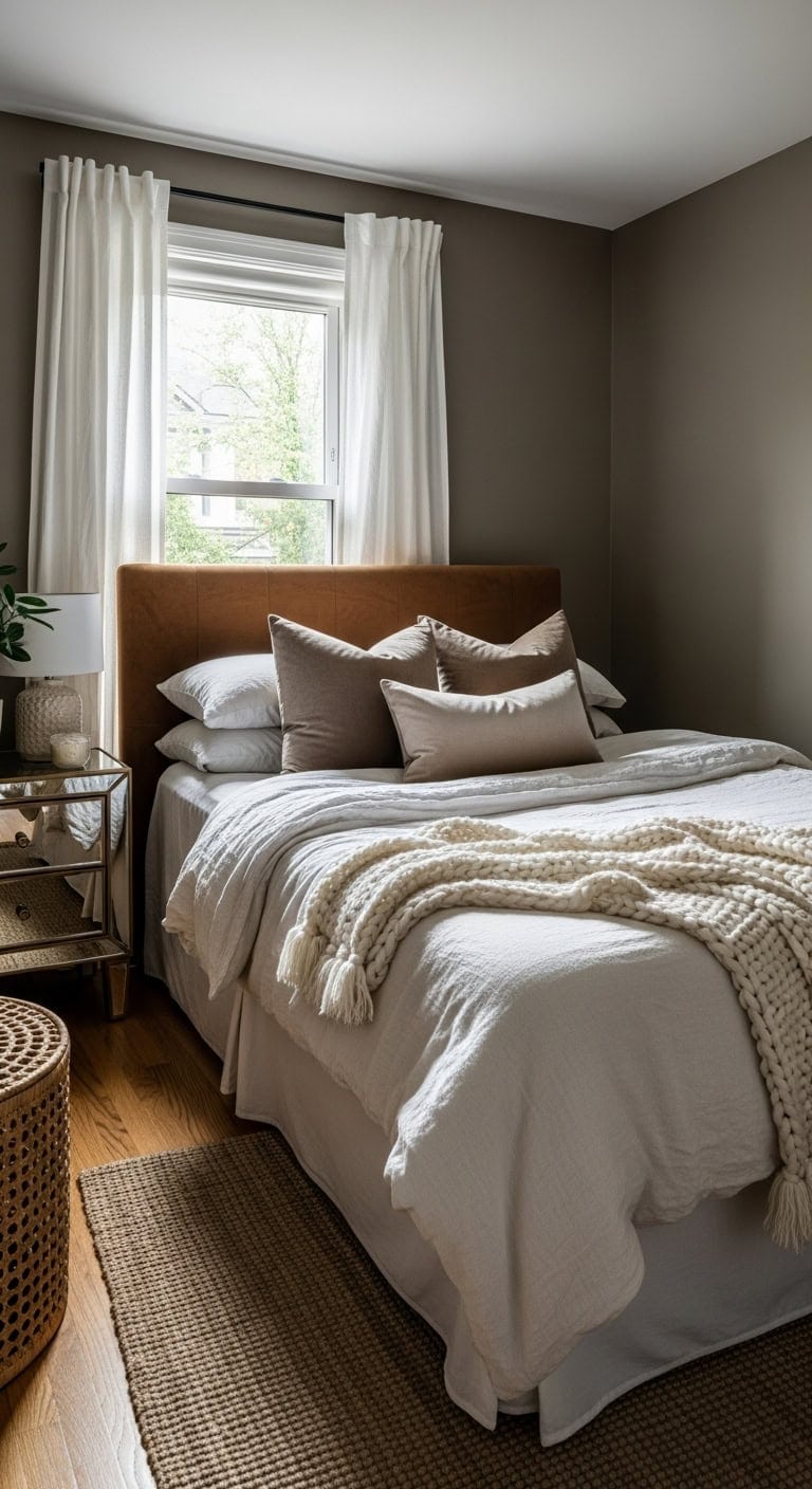 cozy yet spacious dark beige bedroom