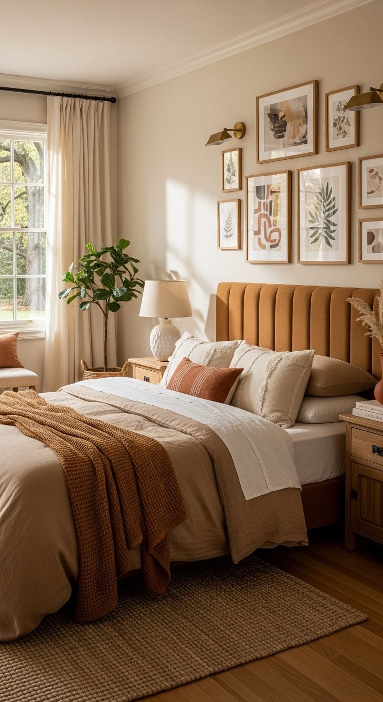 curated cozy warm beige bedroom art
