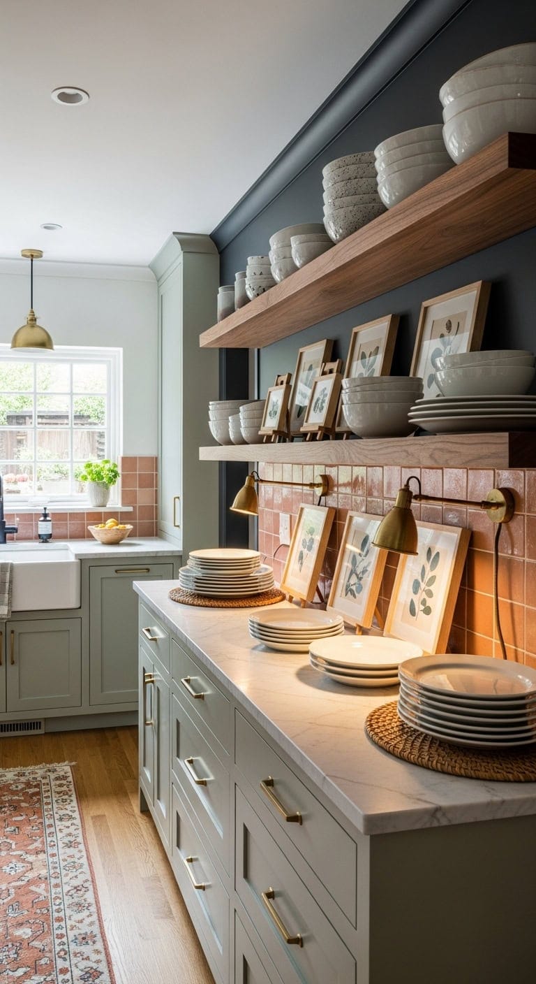 curated kitchen shelving with artful display