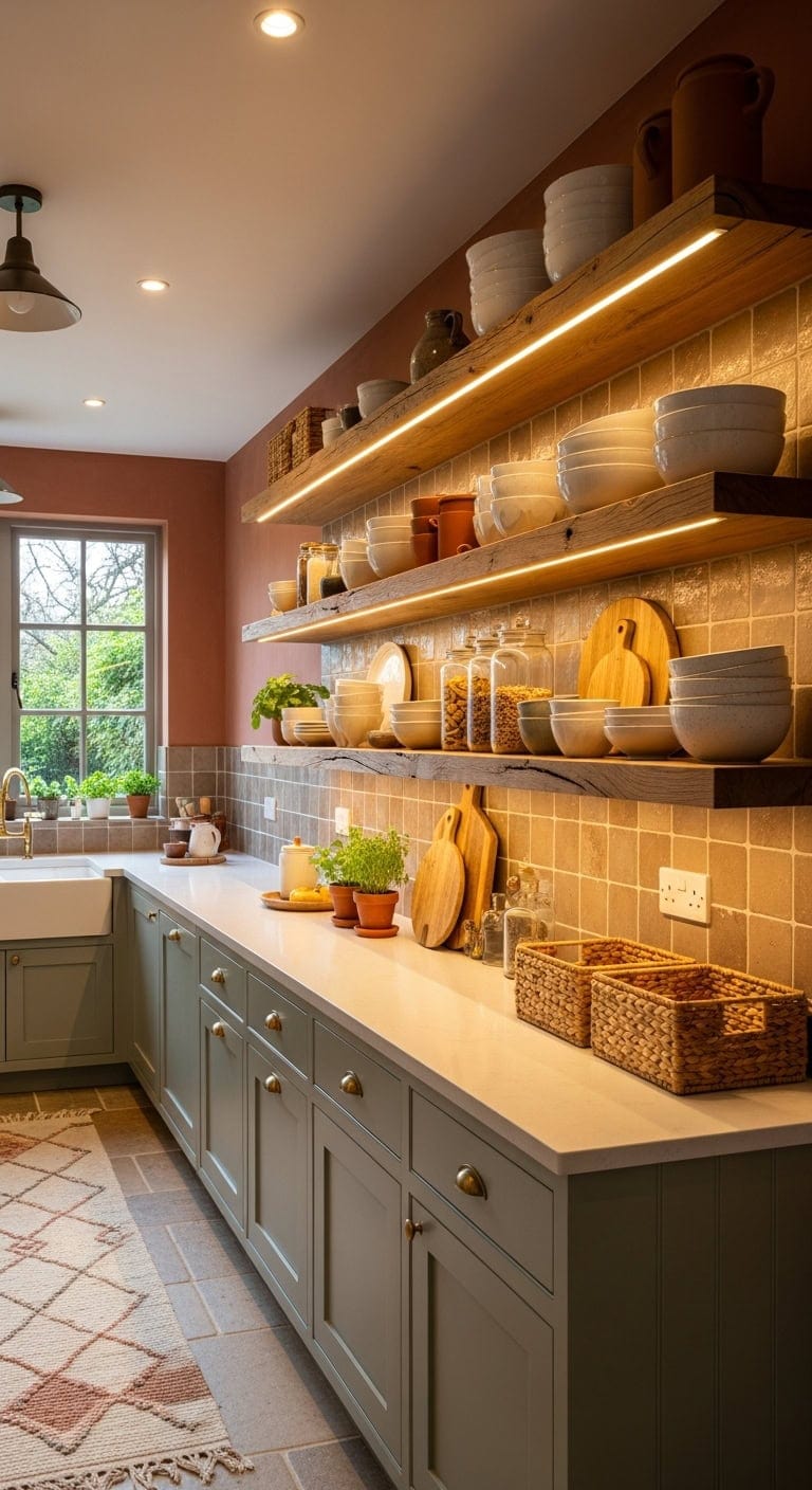 curated open shelving warm lighting highlight