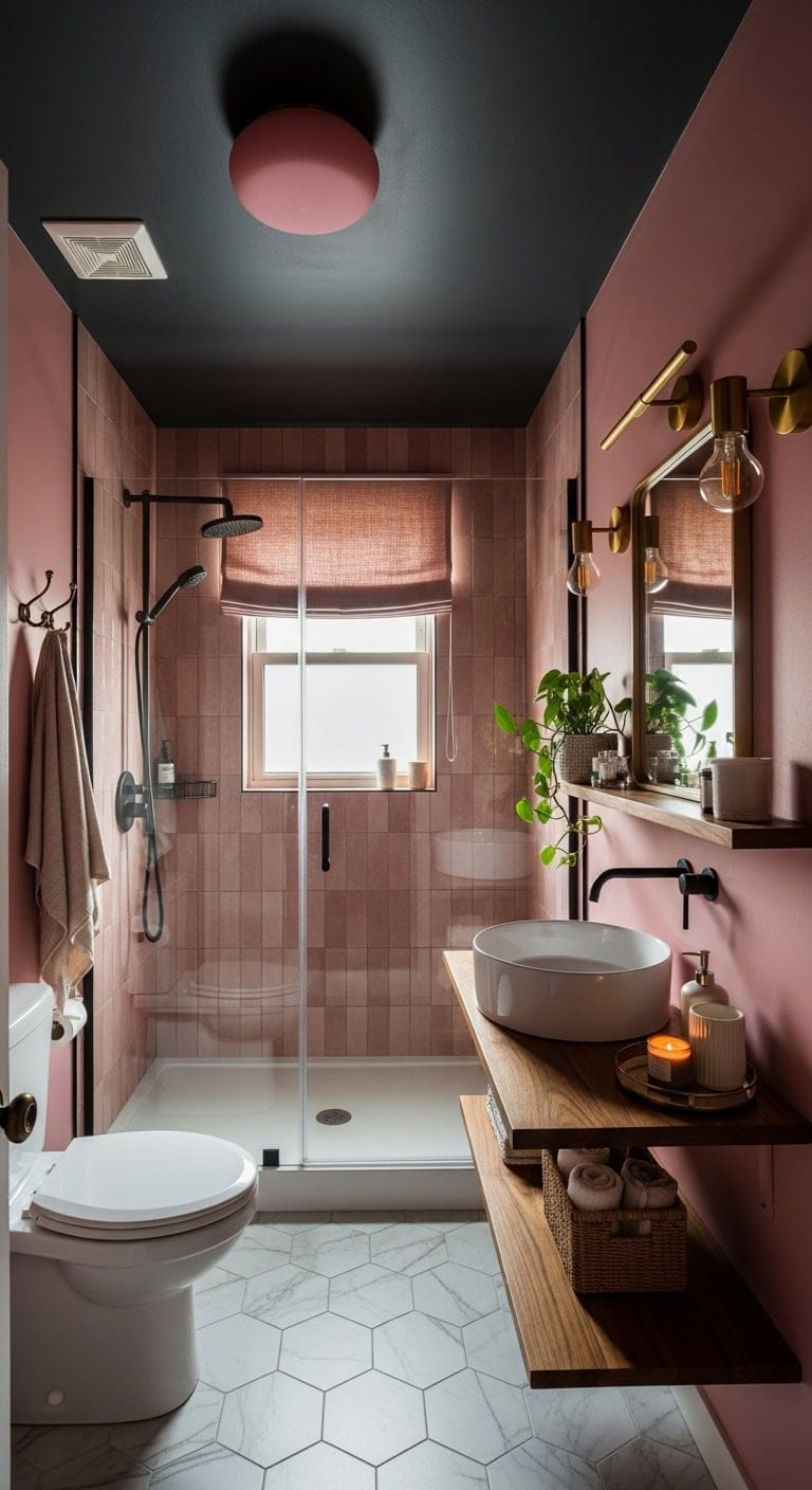 deepens moody pink bathroom lighting transformation