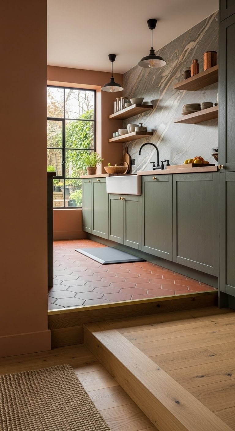 distinct zones demarcated by flooring