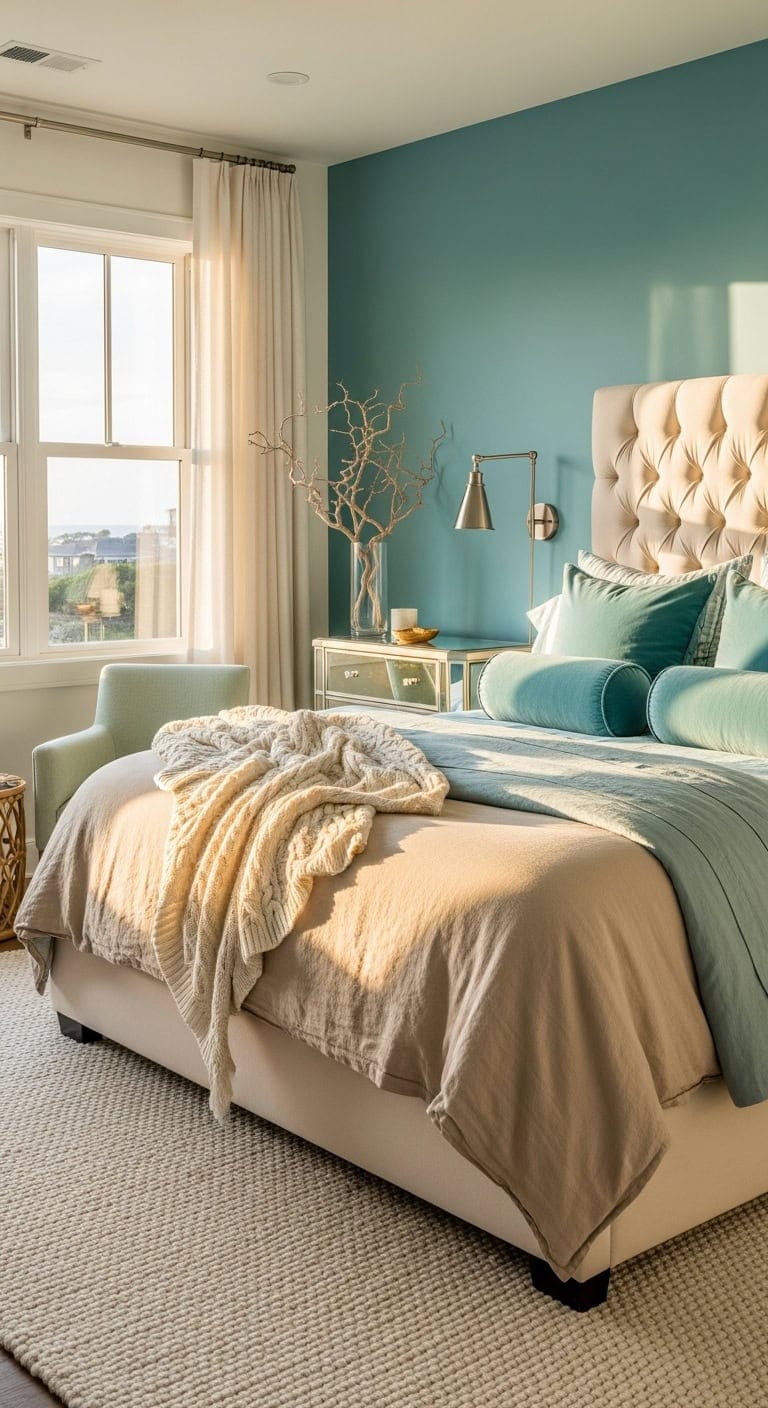 dramatic aqua accent wall tufted headboard