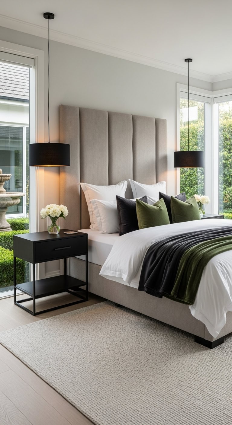 dramatic beige black bedroom elegance