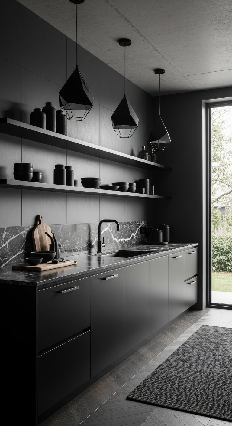 dramatic black open shelving contrast