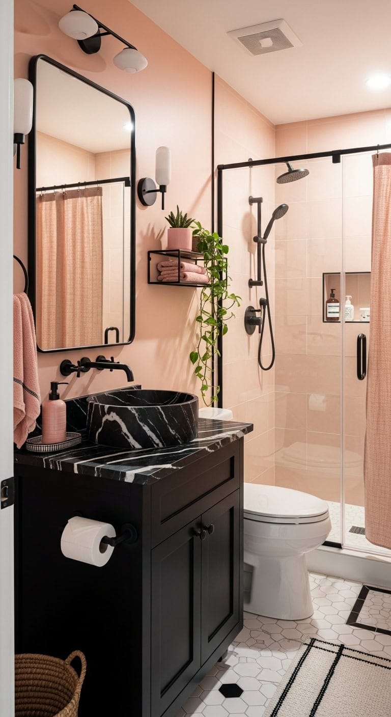 dramatic blush and black contrast