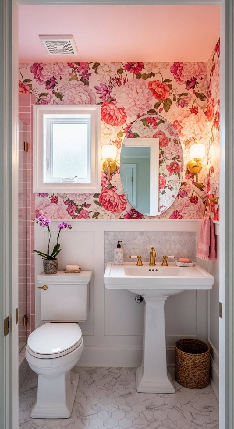 dramatic floral pink powder room