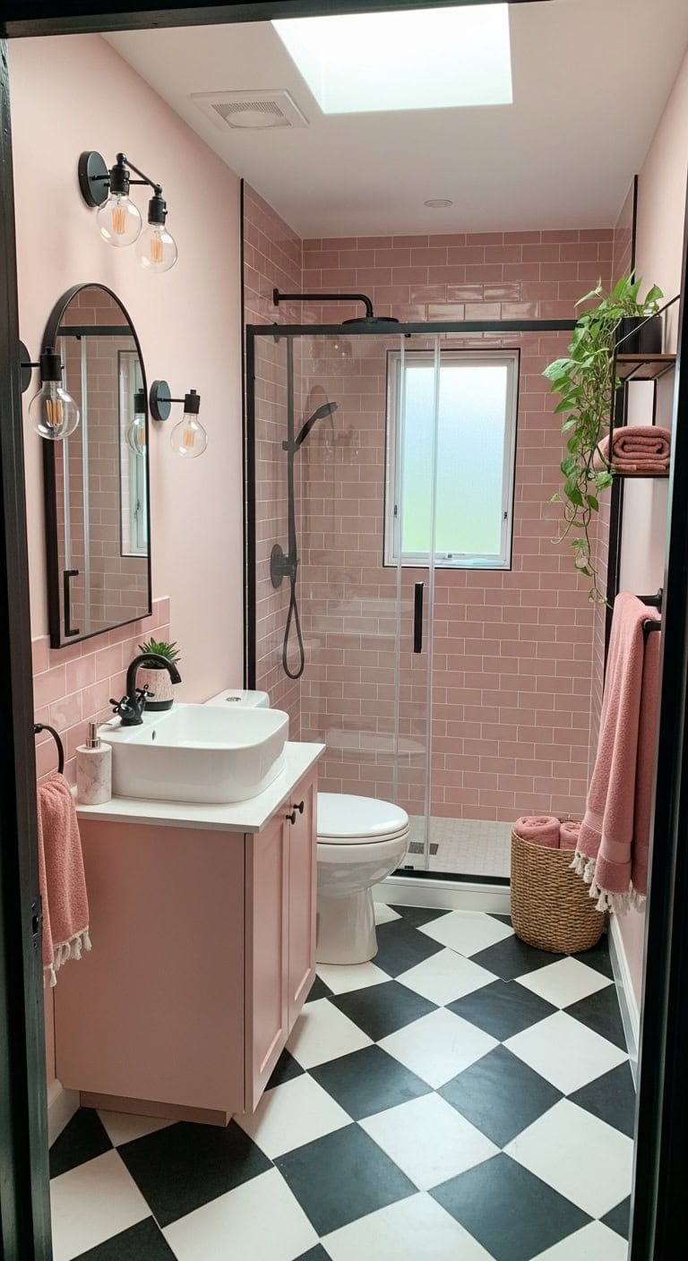 dramatic monochrome bathroom with soft accents