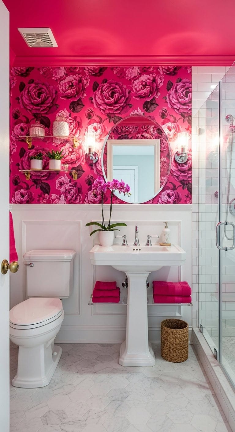 dramatic opulent pink bathroom statement