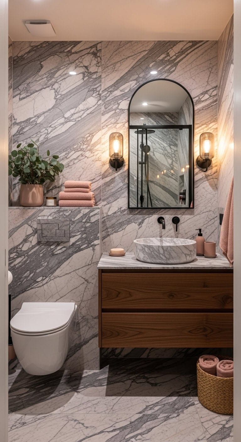 dramatic sophisticated norwegian rose marble bathroom