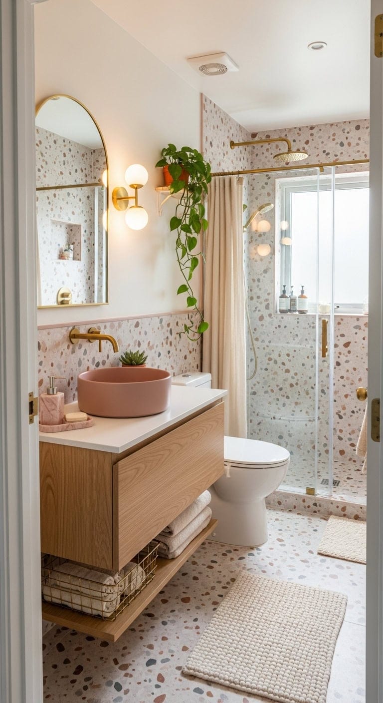 dramatic speckled pink terrazzo statement bathroom