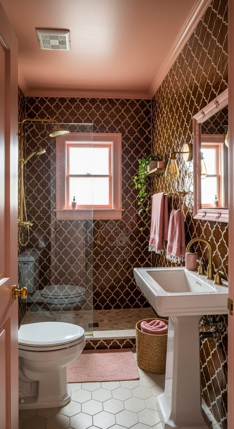 earthy brown zellige warm pink trim
