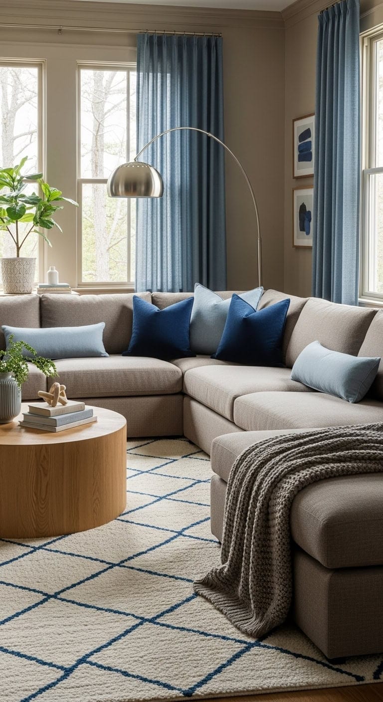 earthy taupe sectional blue accents