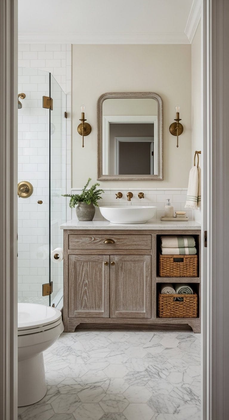 eclectic compact storage curated bathroom