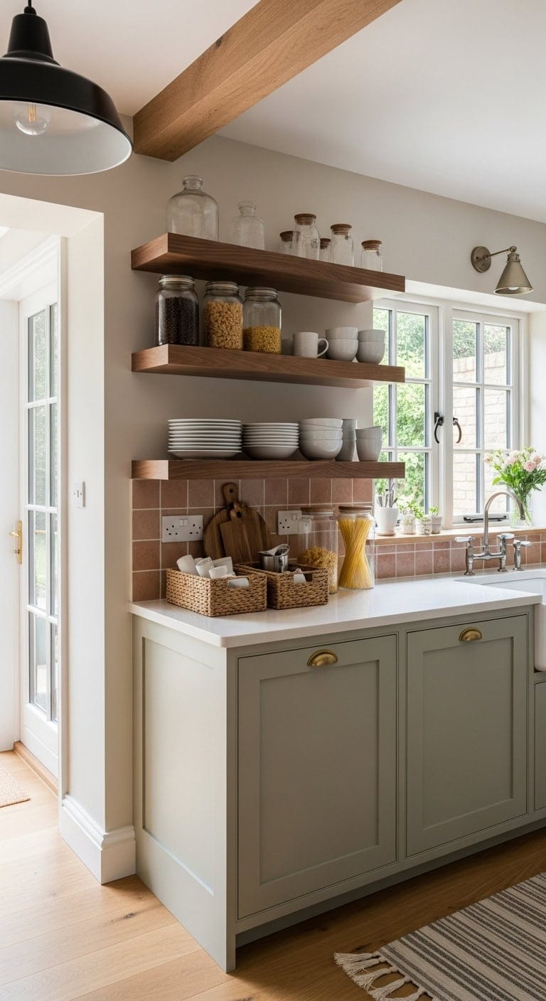 efficient kitchen organization with open shelving