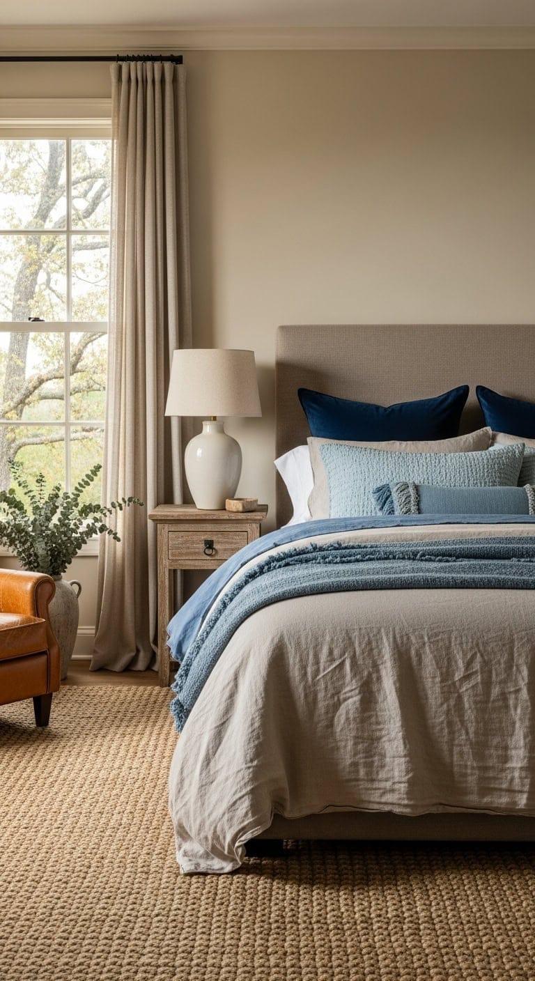 effortlessly layered blue and beige bedroom