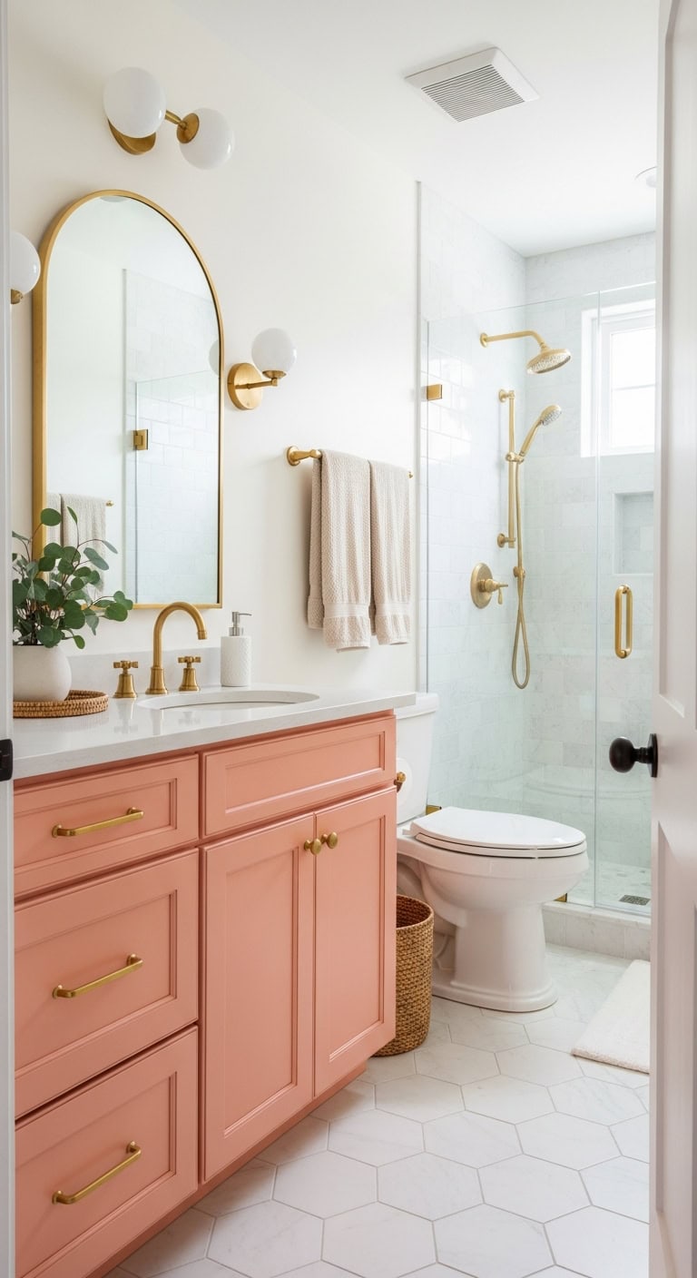 elegant warm dimensional timeless bathroom transformation