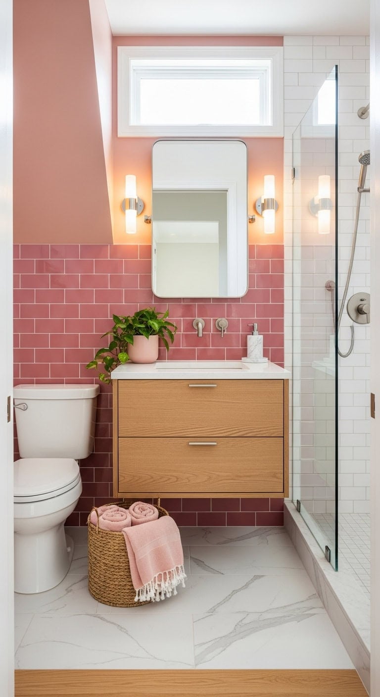 floating vanity pink tile warm personality