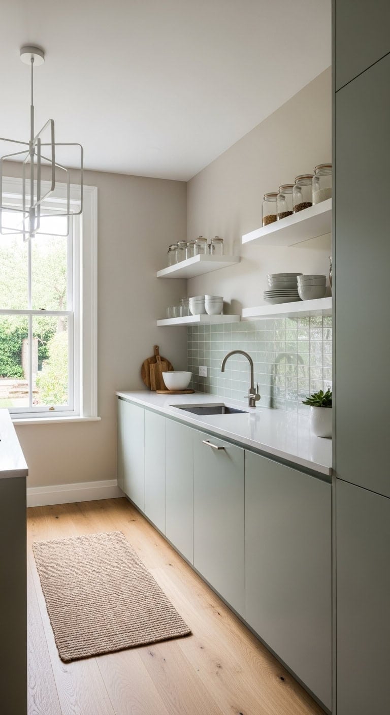 floating white shelves for minimalist kitchen