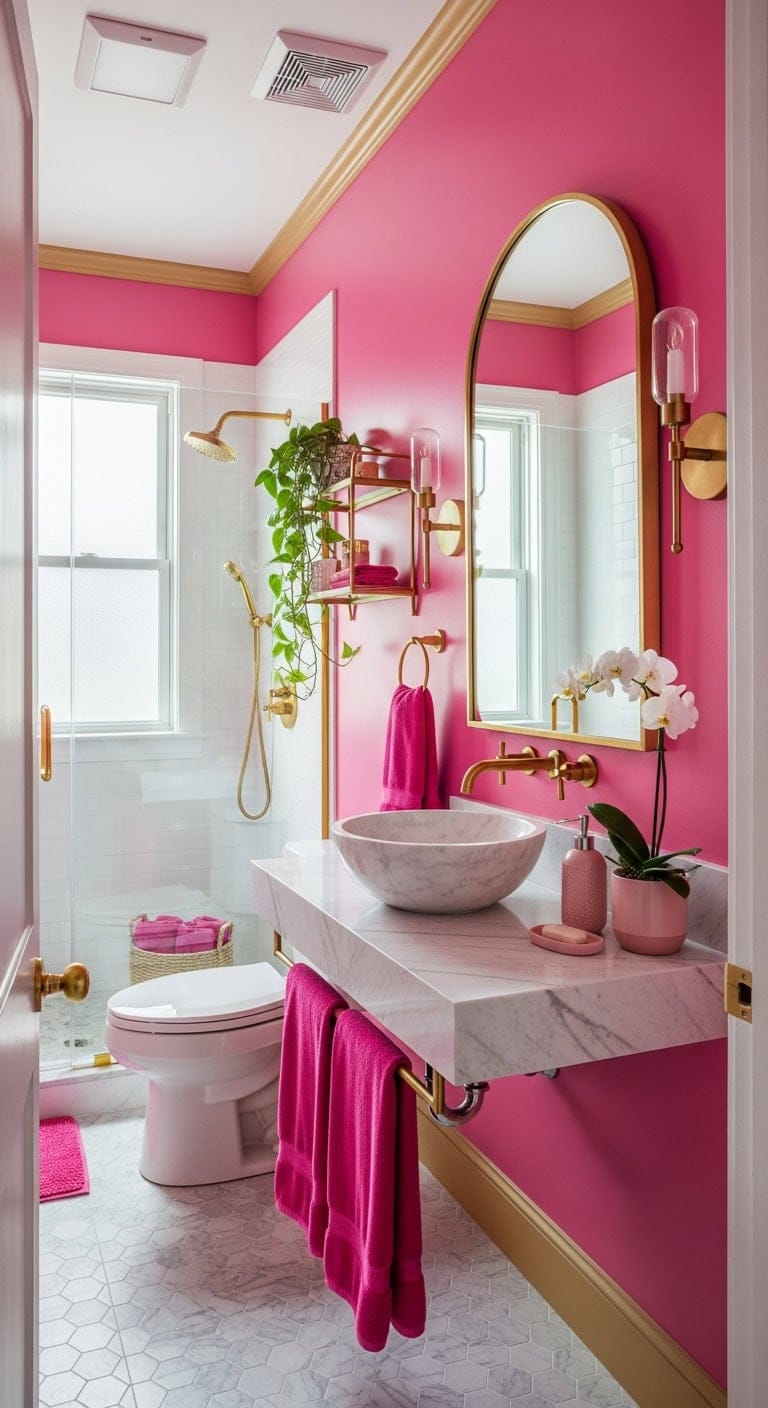 glamorous gold accented hot pink bathroom