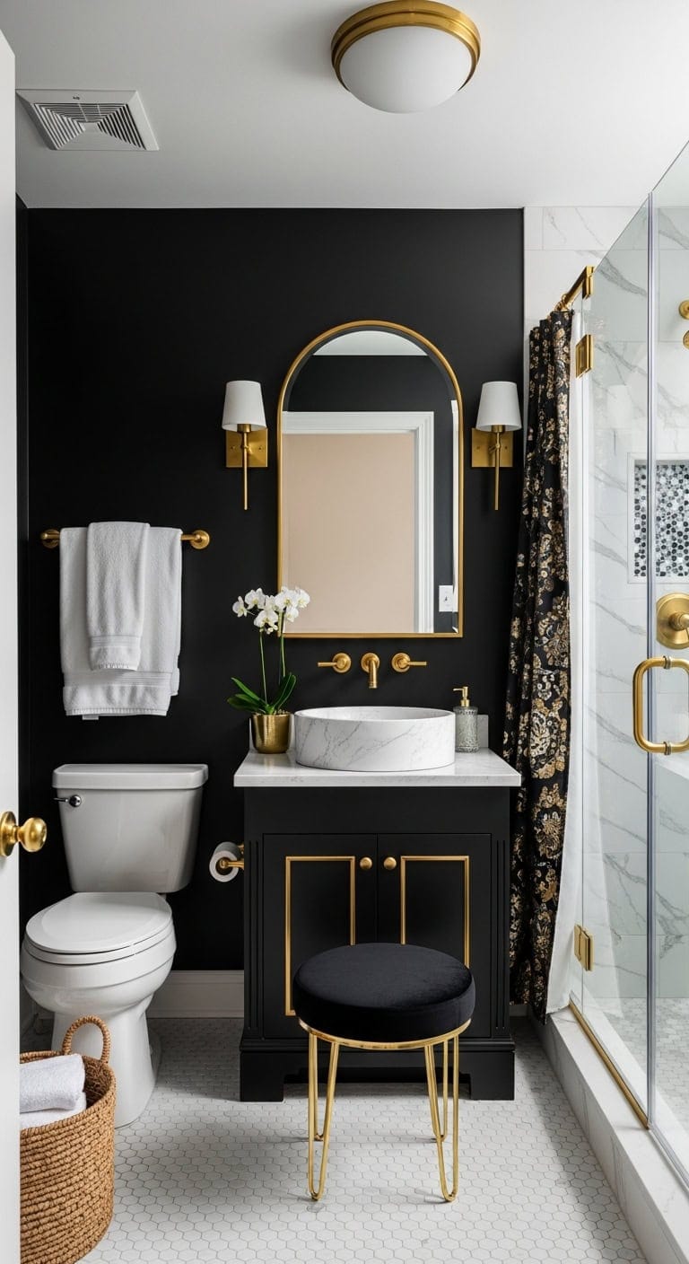 glamorous metallics elevate compact bathrooms