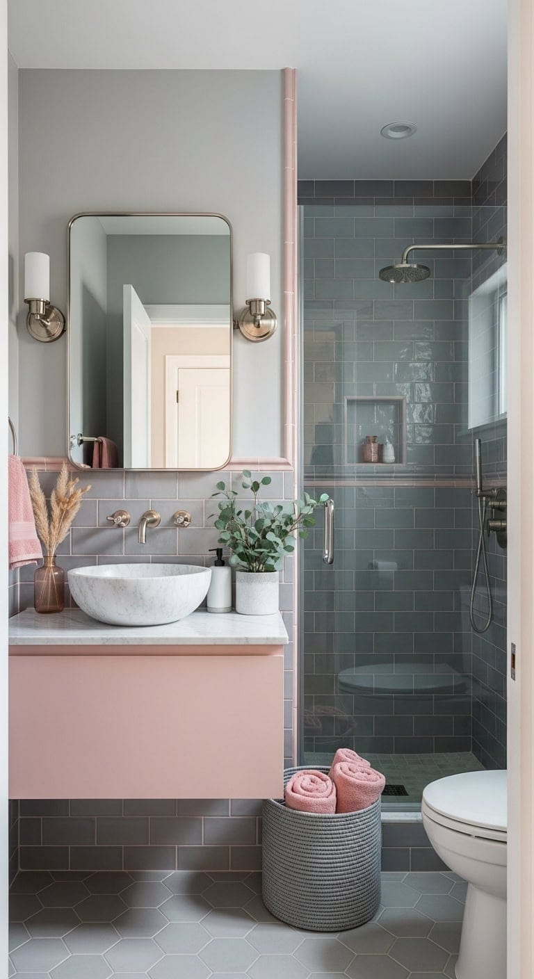 grey tiles pink grout