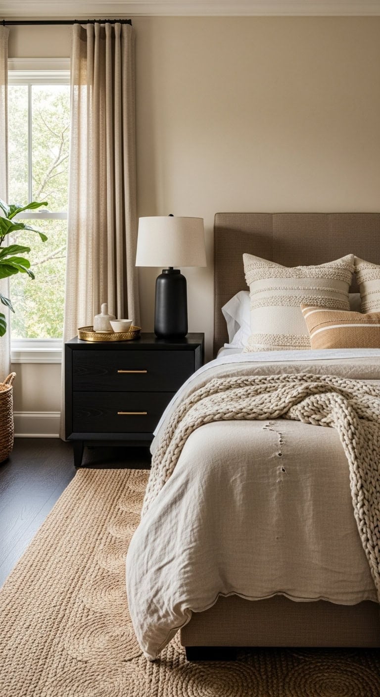 grounding beige bedroom with black nightstands