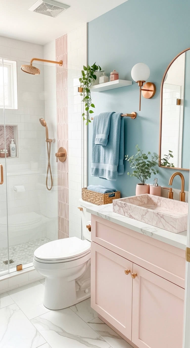 harmonious copper pink and blue bathroom