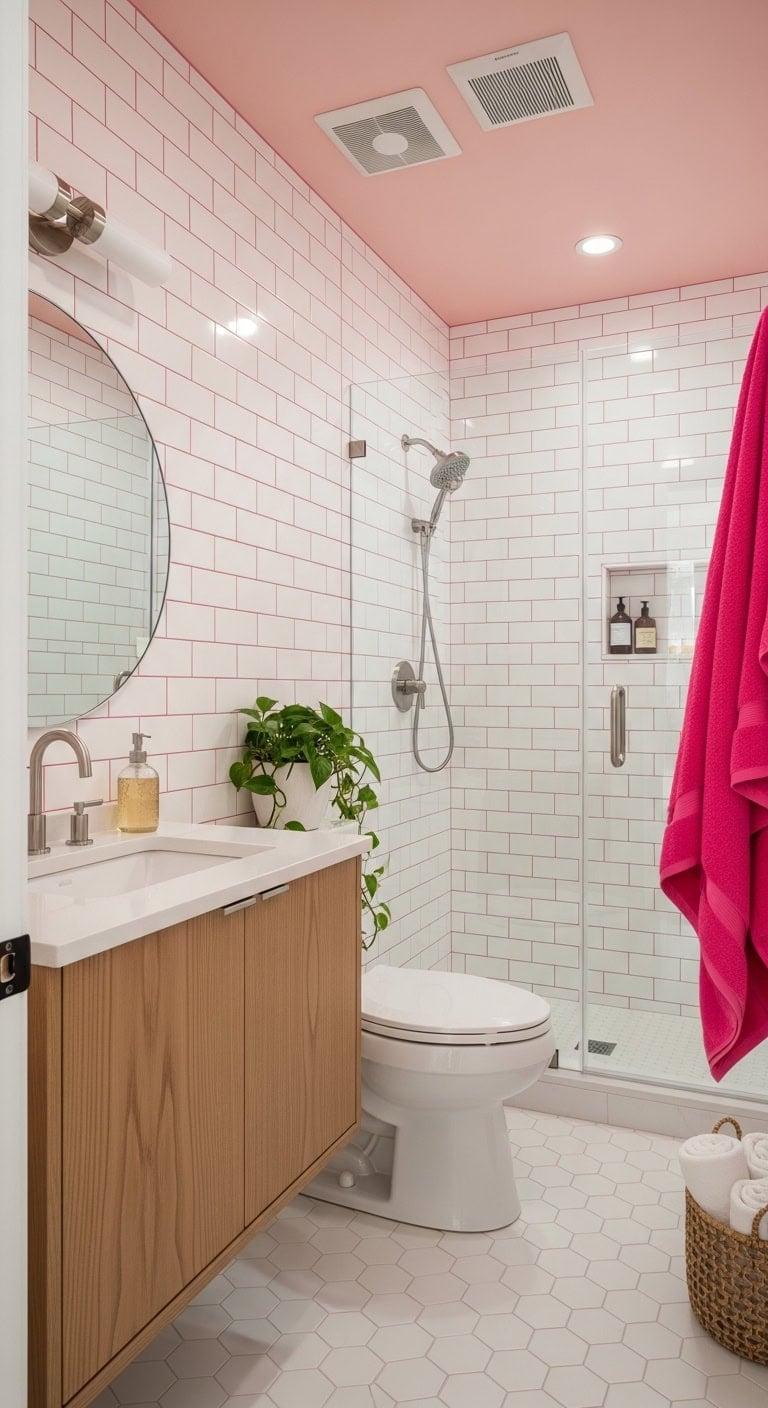 hot pink grout transforms neutral tiles