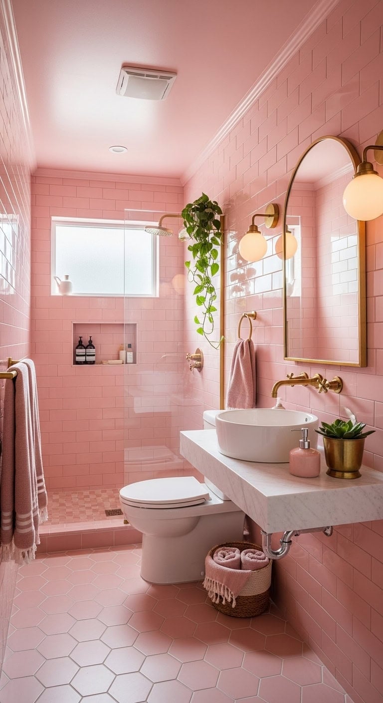 immersive pink retreat with brass accents